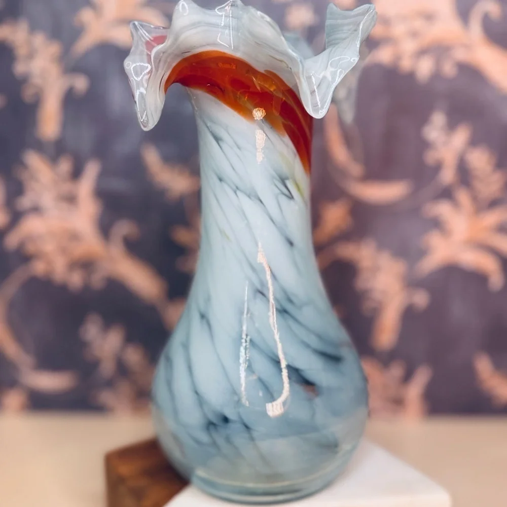 1960s End of Day Handblown Orange Blue Swirl Ruffled Glass Murano Vase